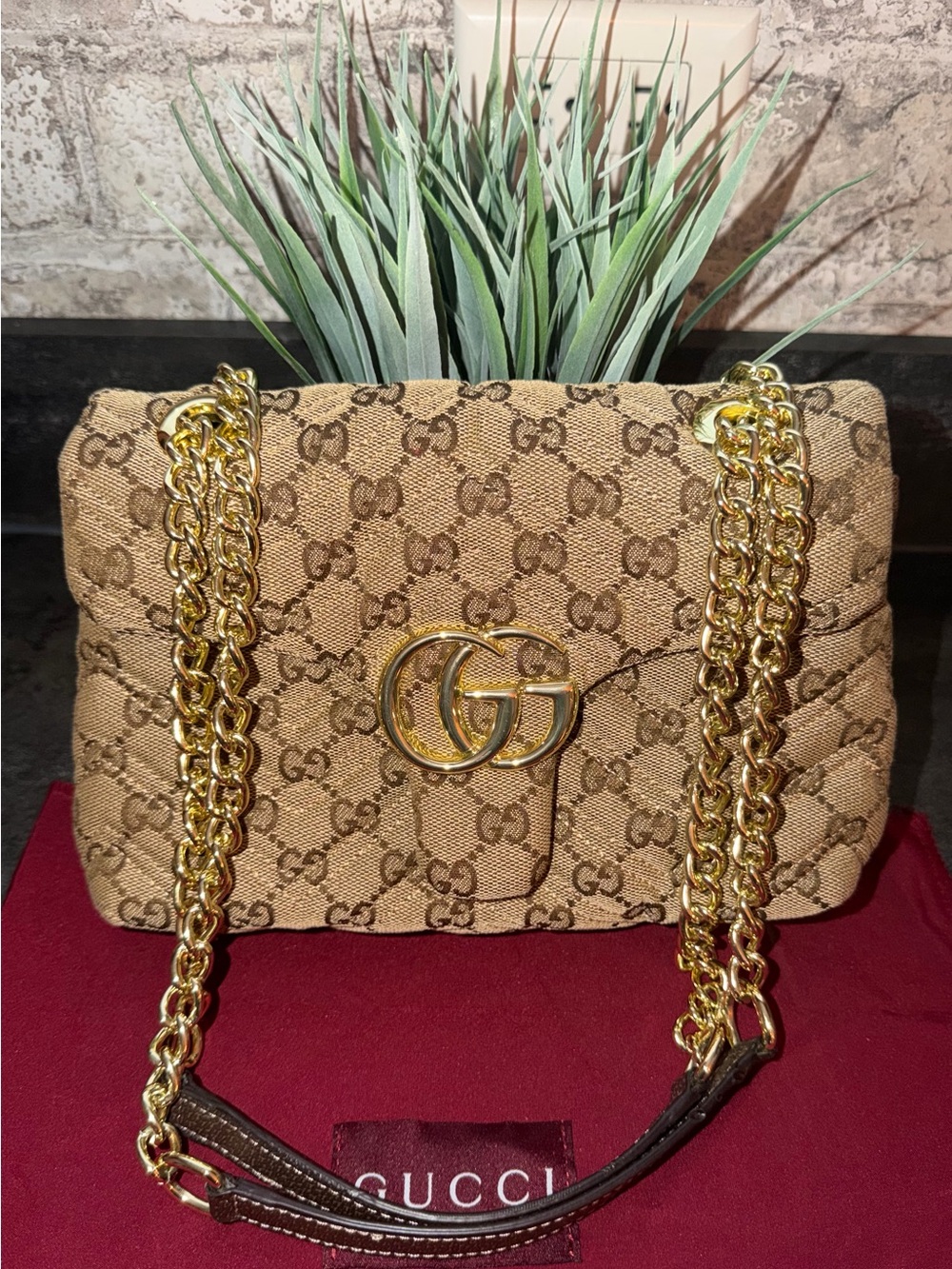 Gucci Monogram Shoulder Bag with Gold Chain